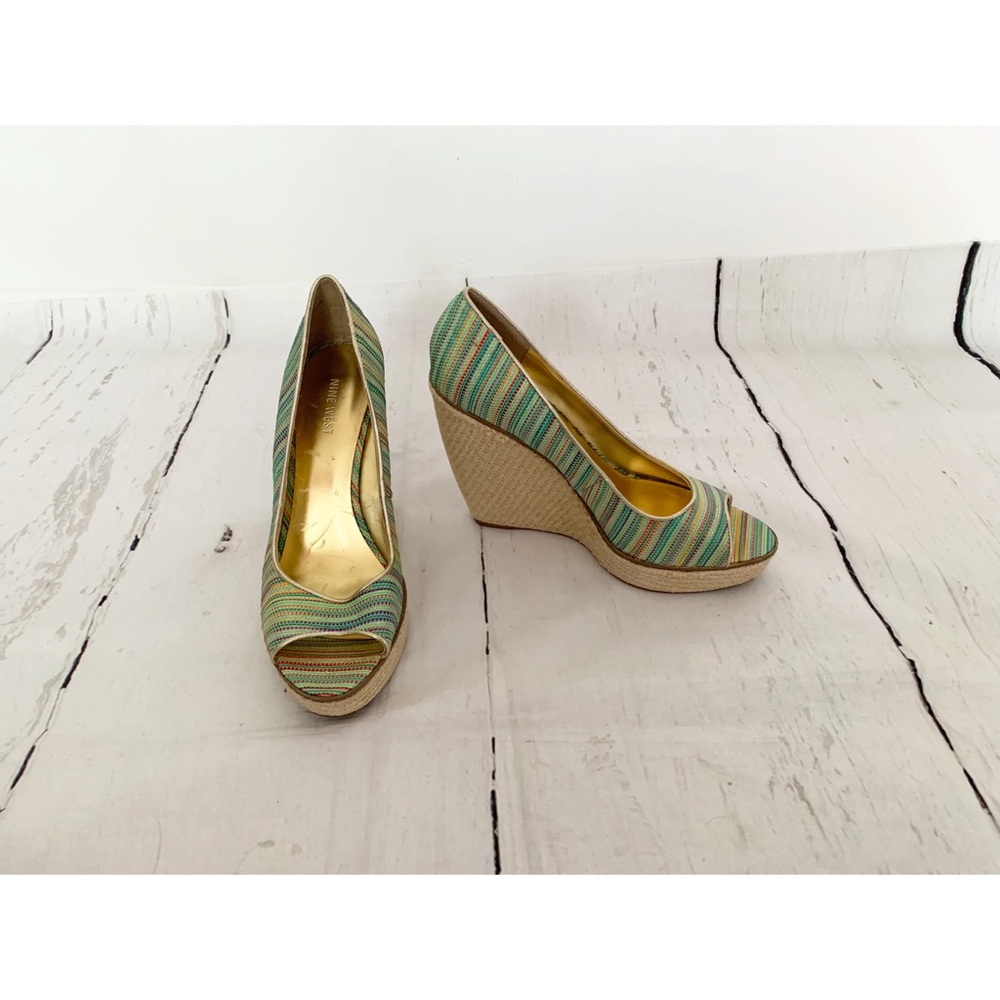 Nine West Multi Color Striped Peep Toe Wedges Size 8.5